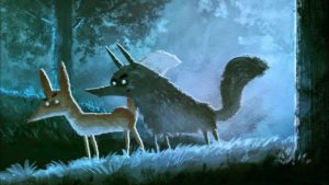 A wolf and dog in the woods illustration
