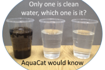 Three clear cups of water on a table with the text 'Only one is clean water, which one is it? AquaCat would know'